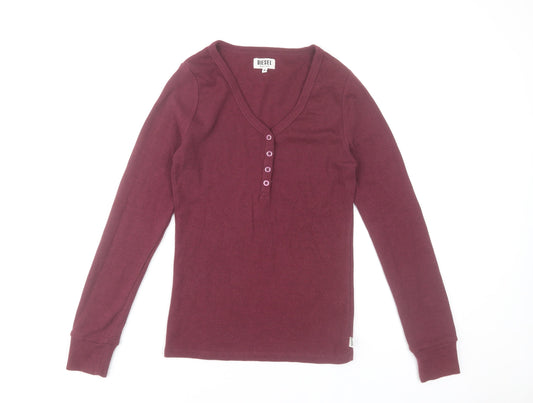 Diesel Womens Red V-Neck Long Sleeve Slim Fit Top Size M