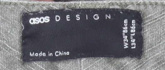 Brand and care label for ASOS Design Men's Grey Cargo Trousers, size 34, Regular Fit