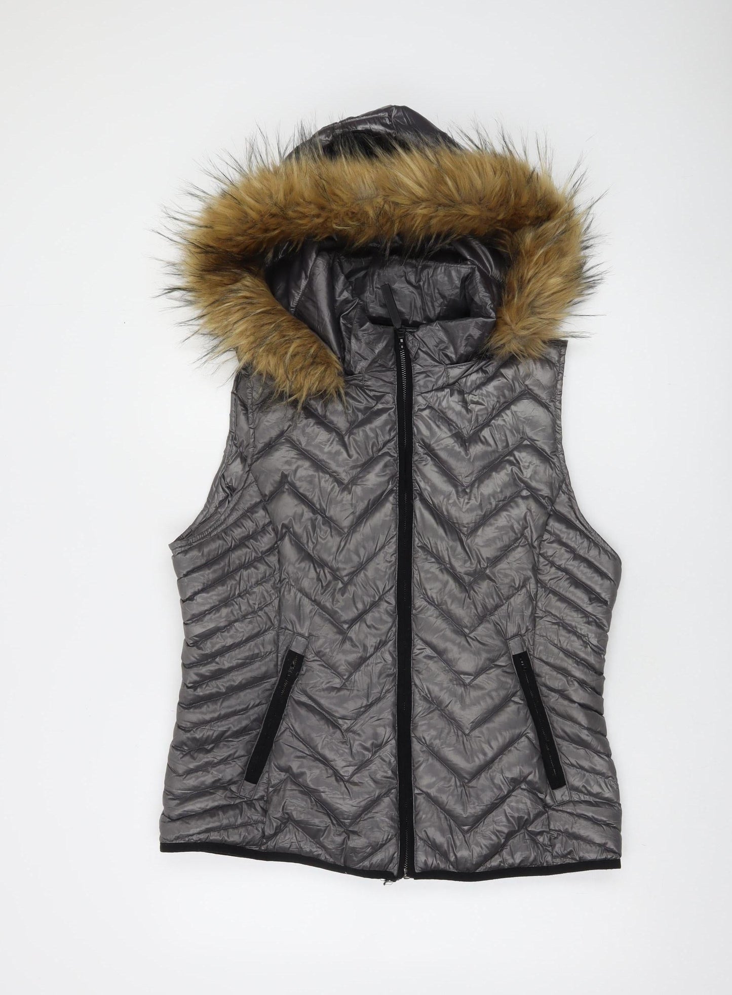 Calvin Klein Performance Women's Grey Fur Hooded Quilted Down Waistcoat Size L