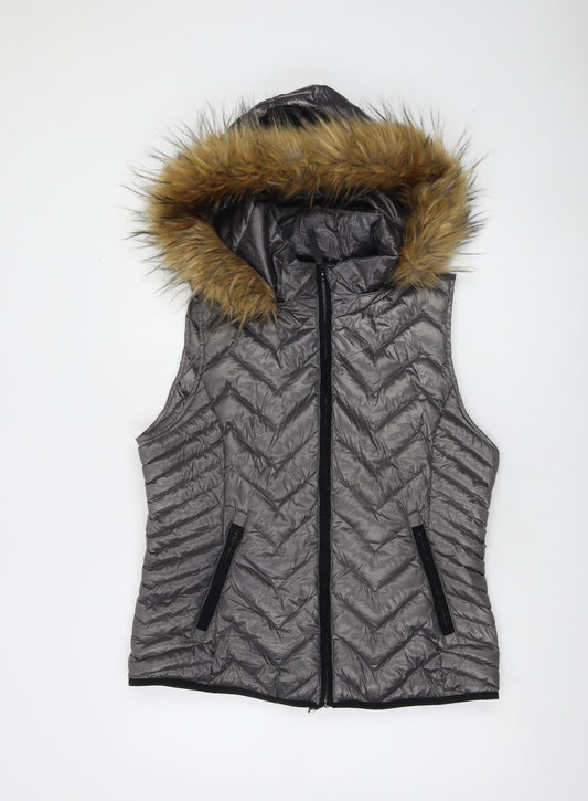 Calvin Klein Performance Women's Grey Fur Hooded Quilted Down Waistcoat Size L