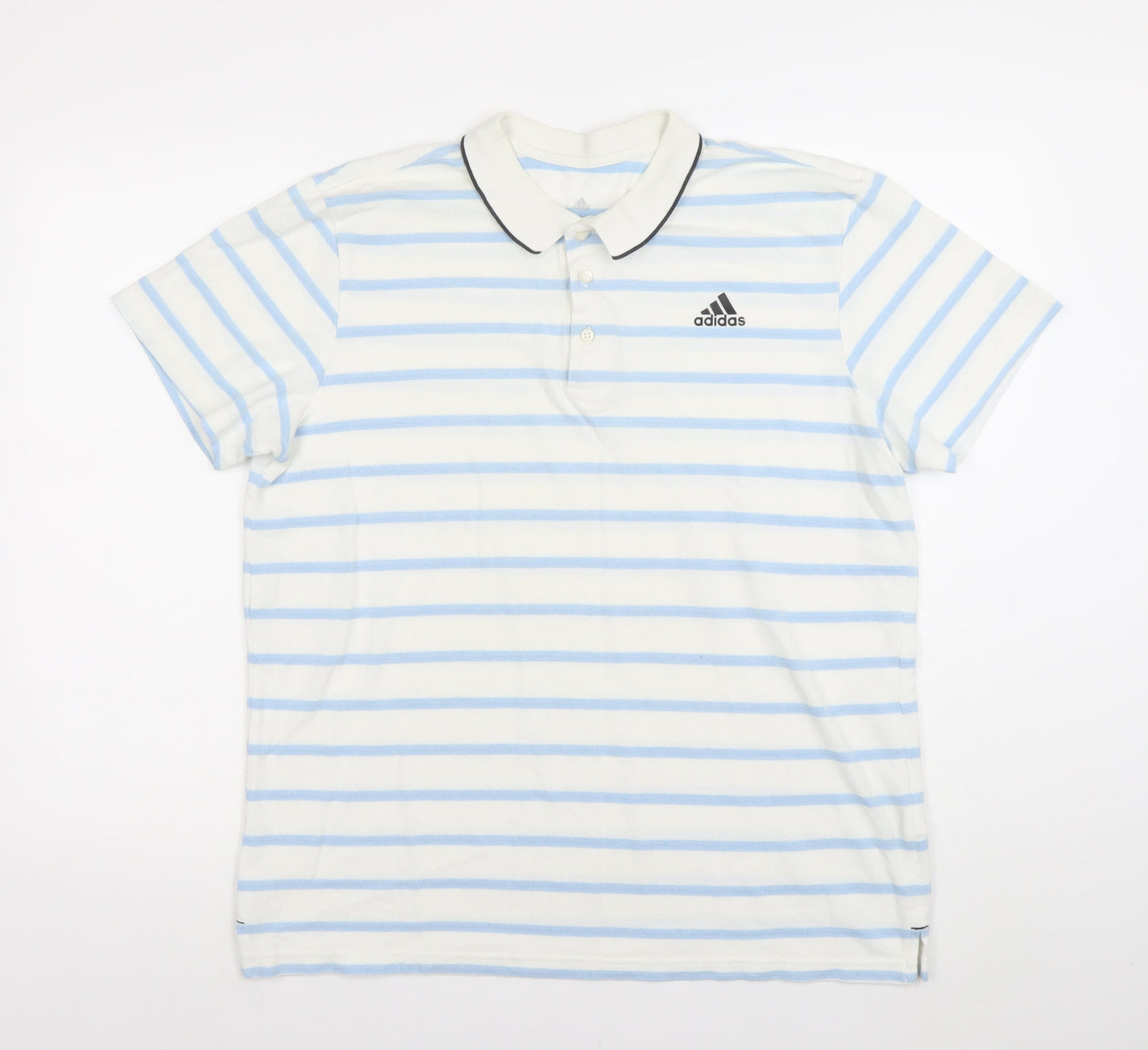 Adidas Men's White Blue Striped Polo Shirt Size L Breathable Jersey