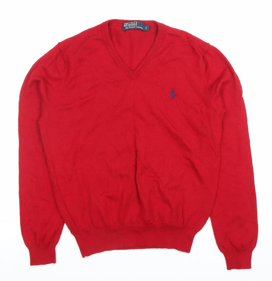 Ralph Lauren Women's Red Merino Wool V-Neck Jumper Size L