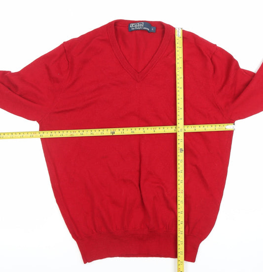Ralph Lauren Women's Red Merino Wool V-Neck Jumper Size L