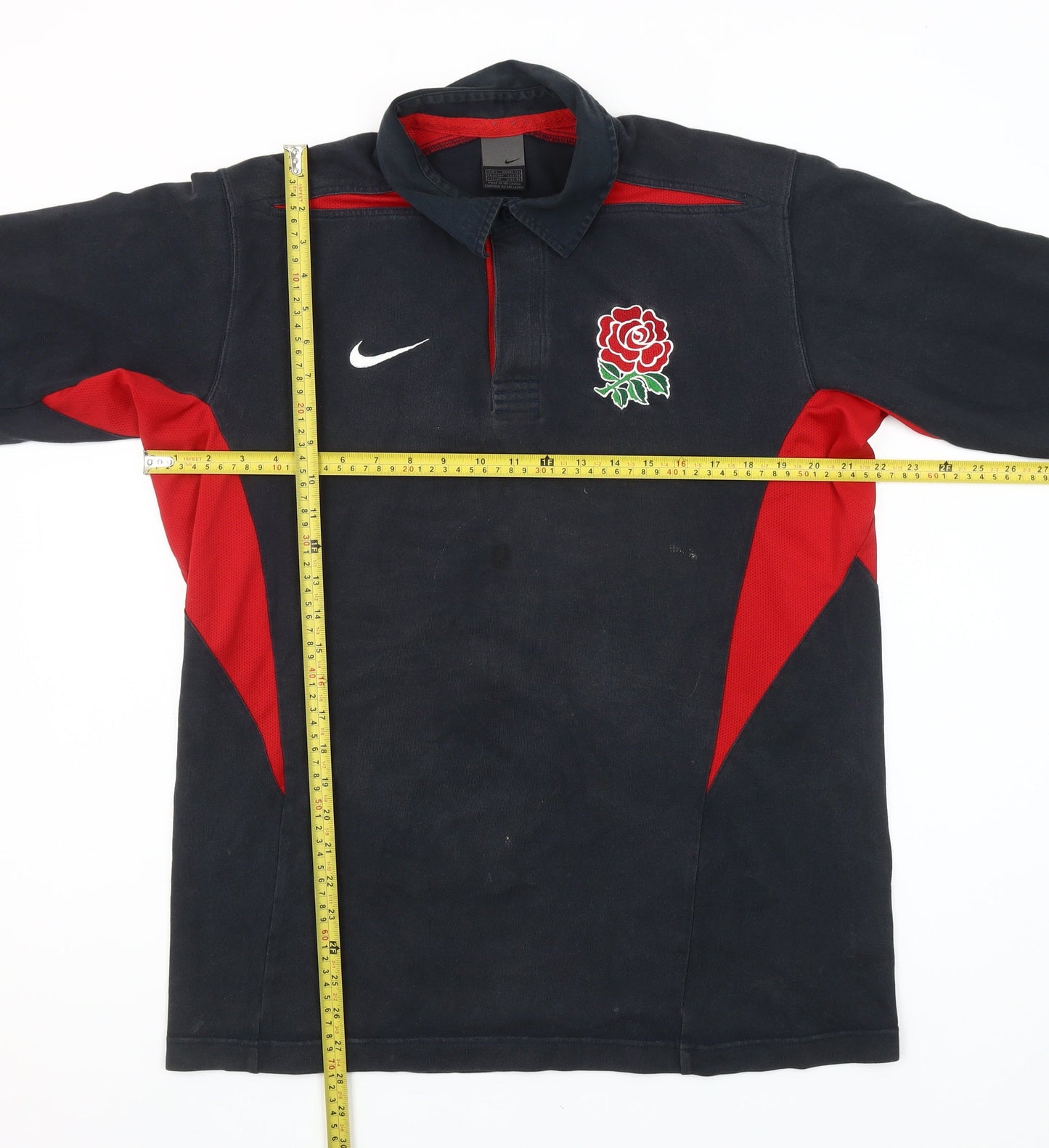 Nike England Rugby Black Red Long Sleeve Men's L Cotton Polo Shirt