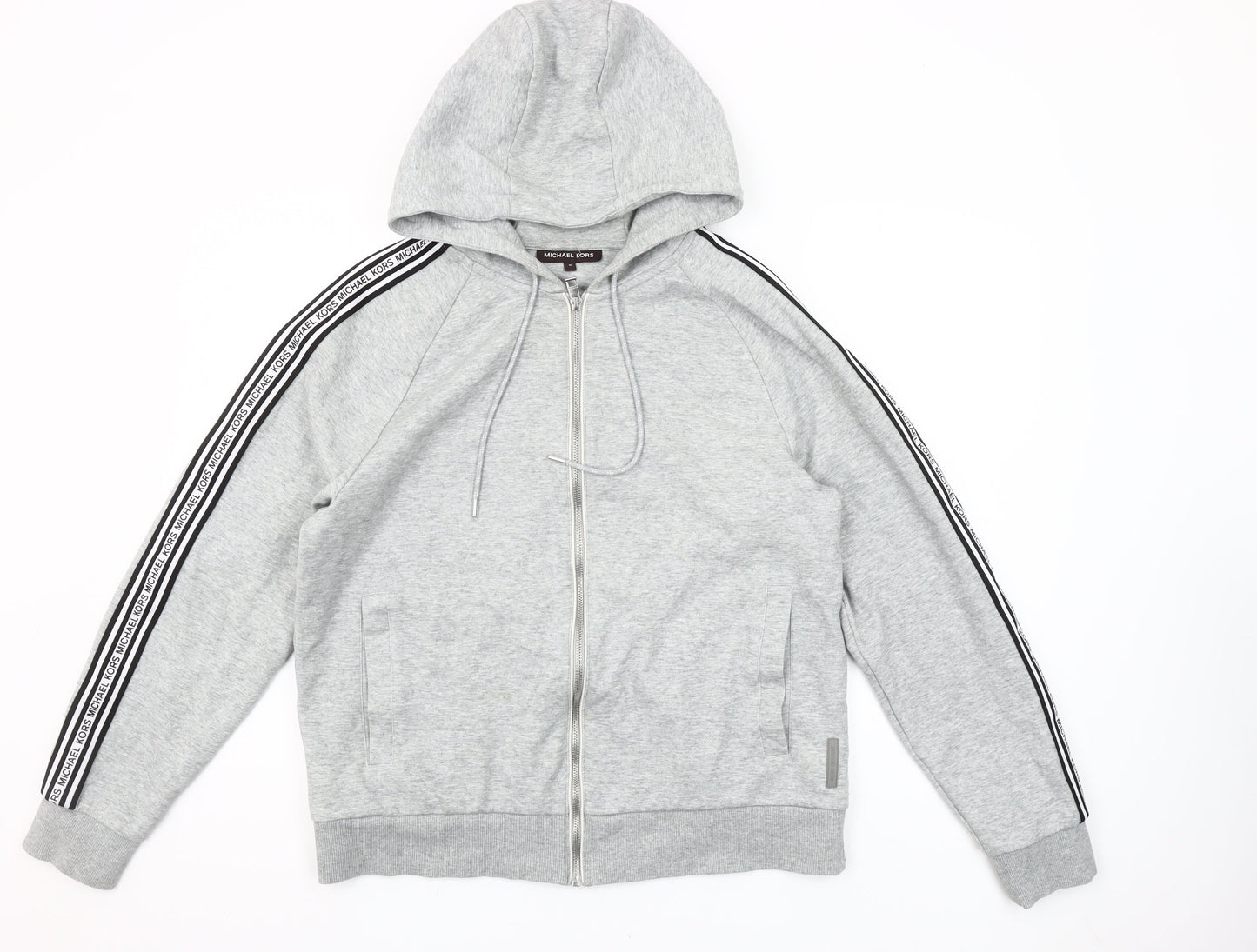 Michael Kors Womens Grey Full Zip Hoodie Medium Logo Stripe Casual