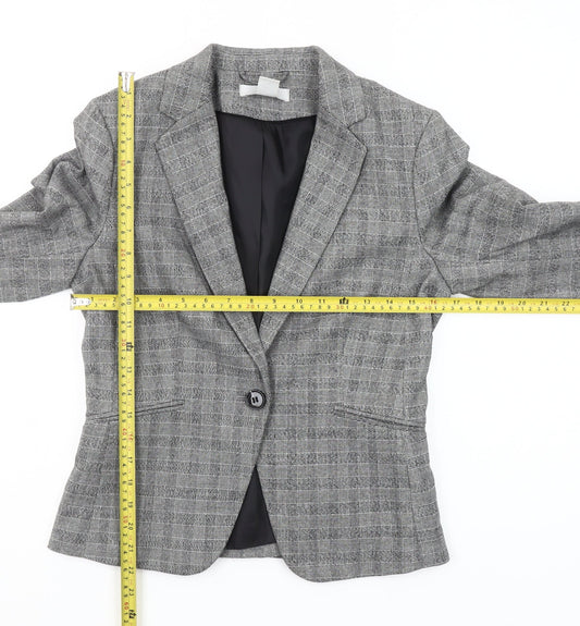 H&M Womens Grey Check Single-Breasted Blazer Size 10 Regular Fit