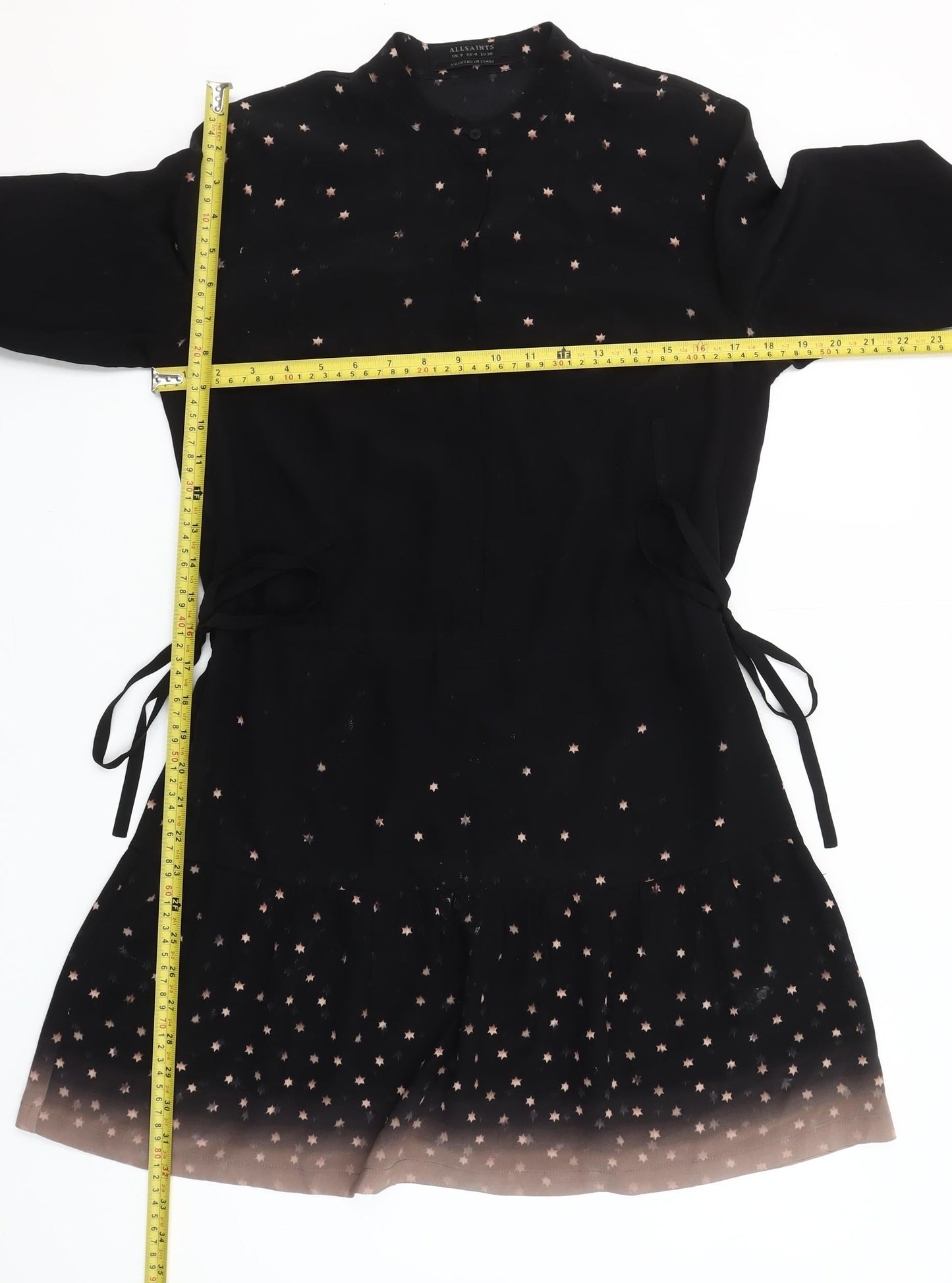 AllSaints Women's Black Silk Star Print Fit & Flare Mini Dress Size 8