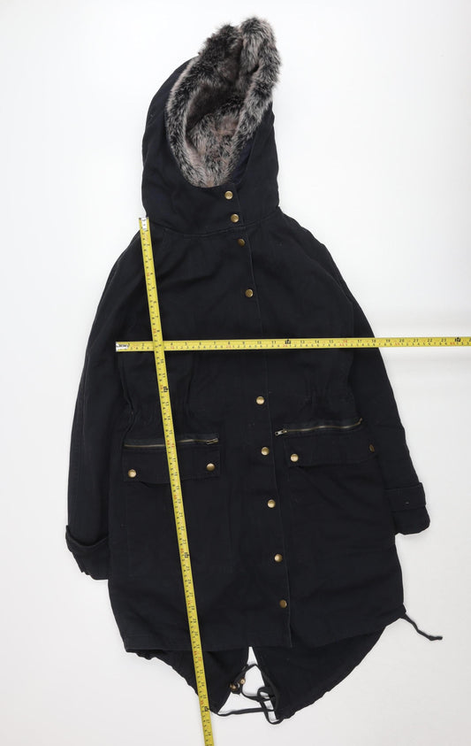 Glamorous Women's Black Faux Fur Hooded Parka Coat XS