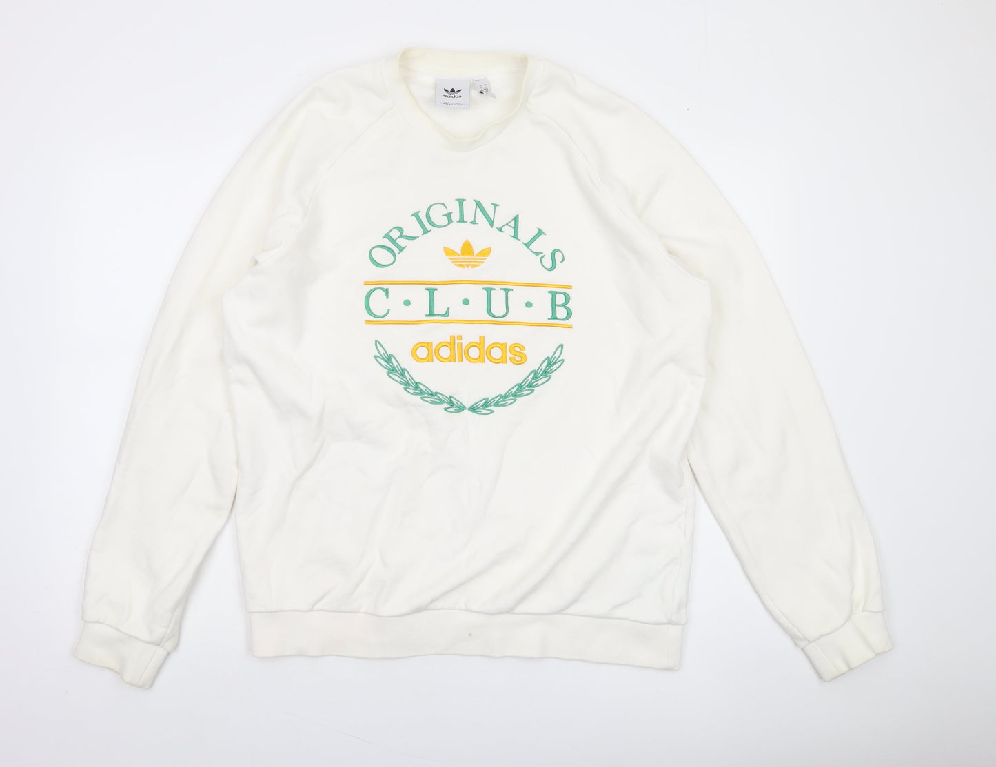adidas Originals Men White Pullover Sweatshirt L Graphic Sports Crew Neck