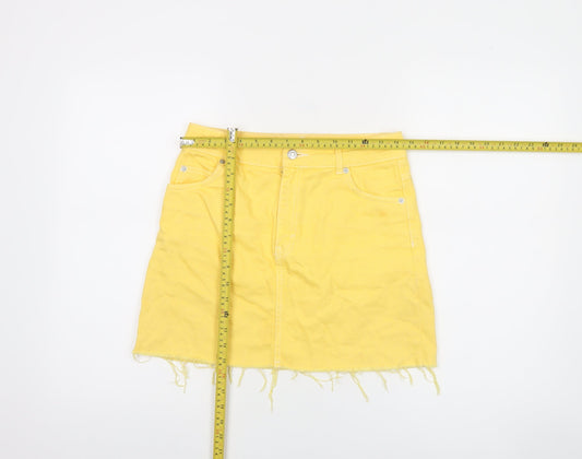 Topshop Women Yellow Denim Mini Skirt UK 8 Frayed Hem Casual