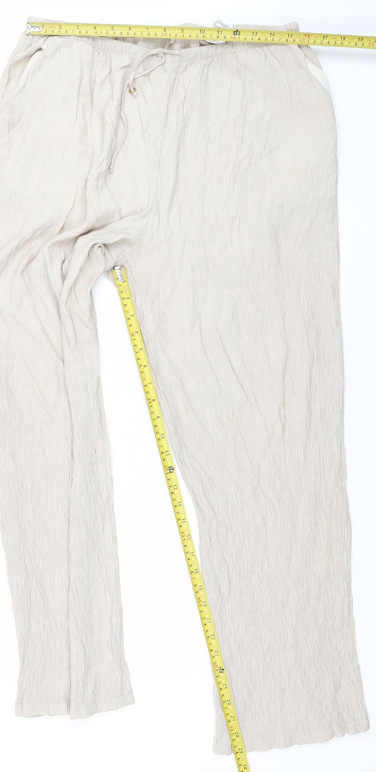 Zara Women Beige Wide-Leg Trousers XL Viscose Blend Drawstring Waist