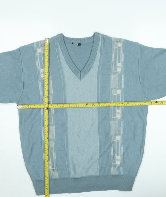 Men’s Vintage Blue Geometric V-Neck Acrylic Jumper Size L