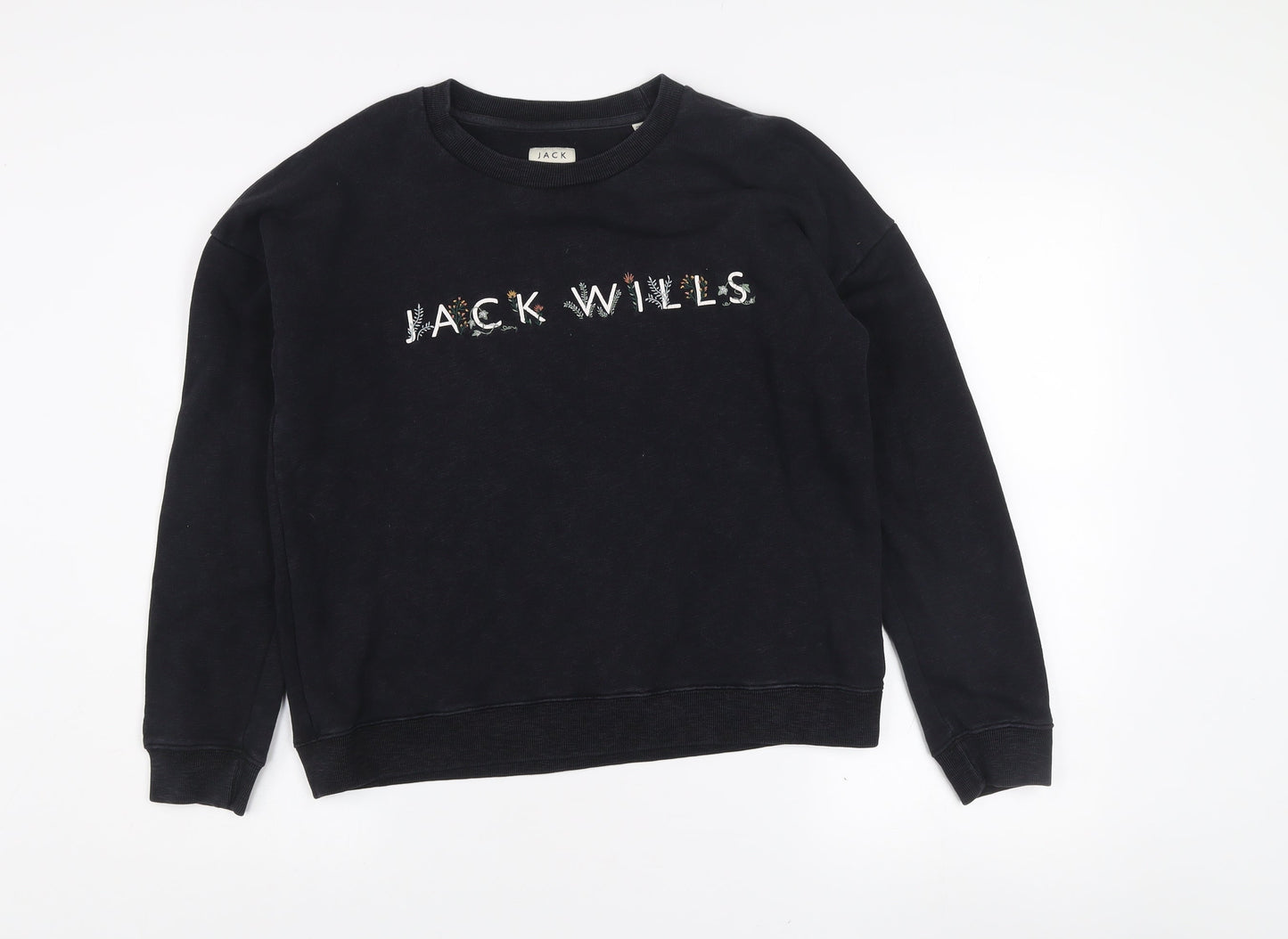 Jack Wills Womens Black Logo Sweatshirt UK 10 Classic Fit Crew Neck