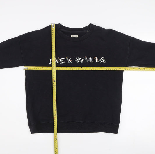 Jack Wills Womens Black Logo Sweatshirt UK 10 Classic Fit Crew Neck