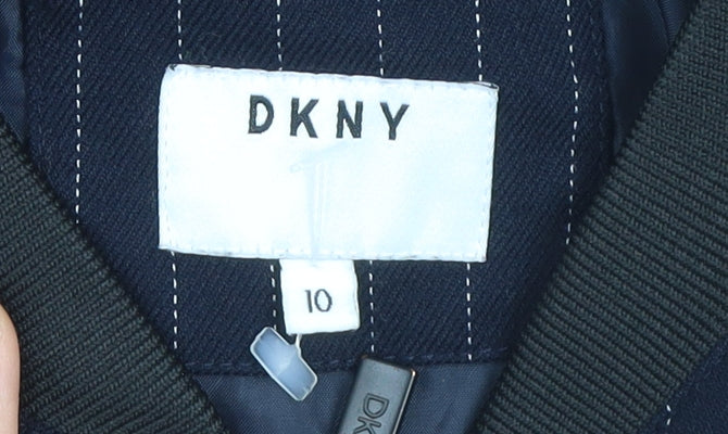 Additional view of DKNY girls’ blue pinstripe bomber jacket, size 10, years cotton blend zip front