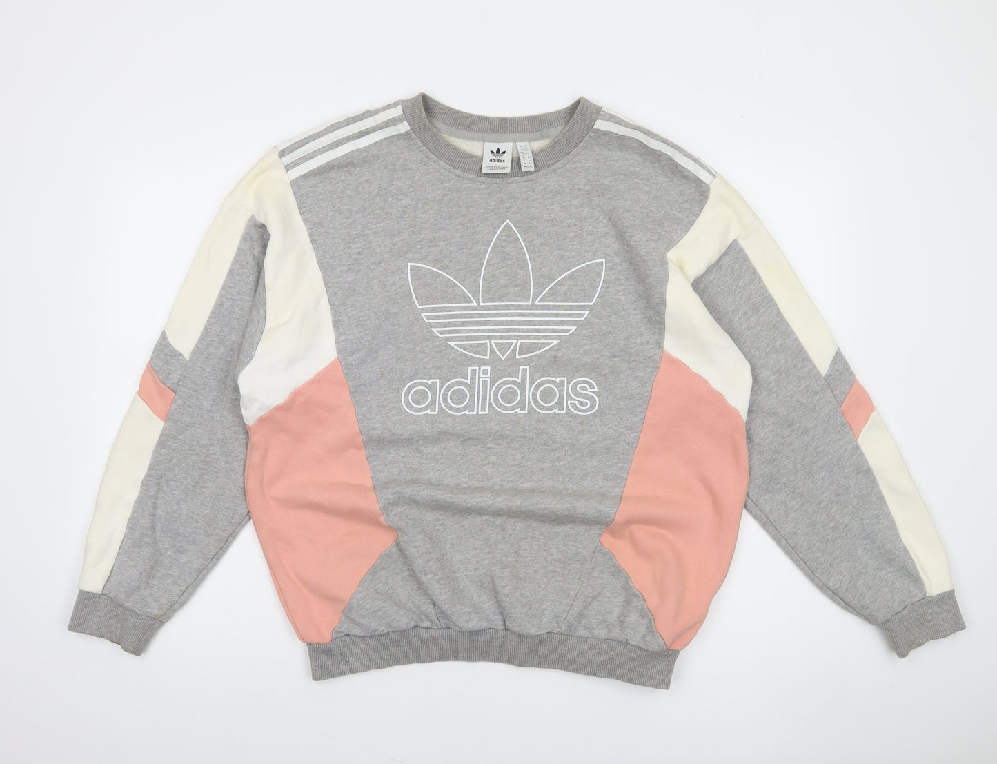 Adidas Women Grey Colourblock Sweatshirt Size 12 Cotton Crew Neck