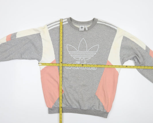Adidas Women Grey Colourblock Sweatshirt Size 12 Cotton Crew Neck