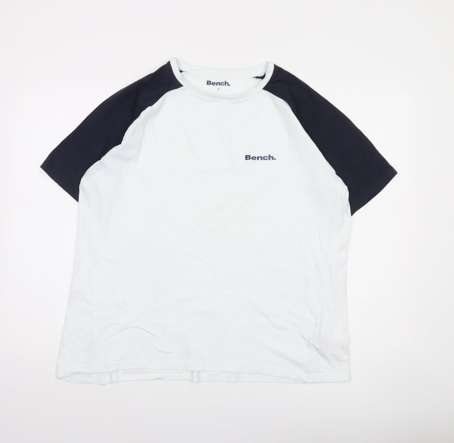 Bench Men’s White and Navy Raglan Crew Neck Cotton T-Shirt Size L
