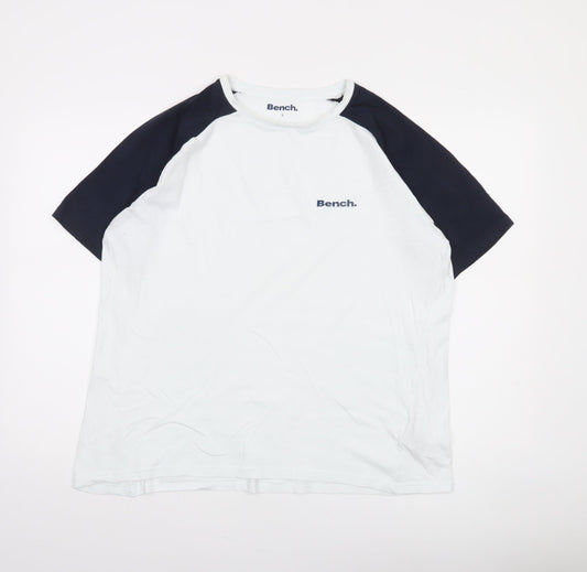 Bench Men’s White and Navy Raglan Crew Neck Cotton T-Shirt Size L