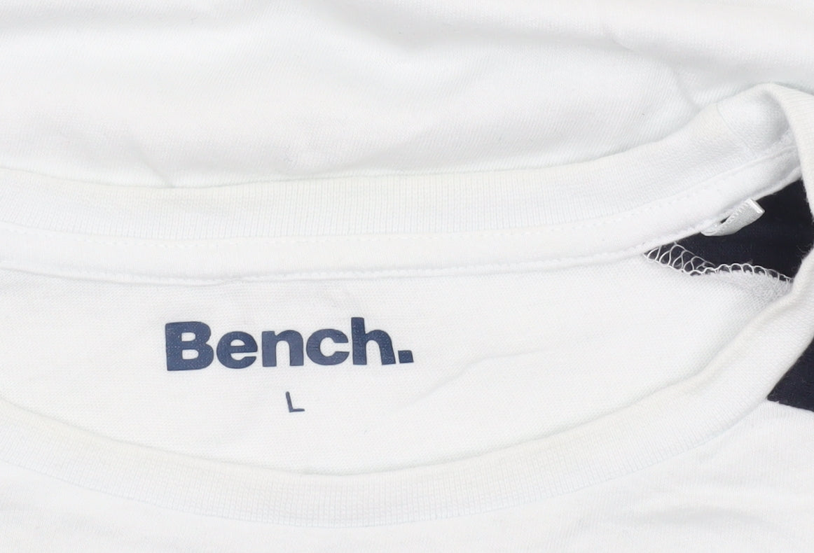 Bench Men’s White and Navy Raglan Crew Neck Cotton T-Shirt Size L
