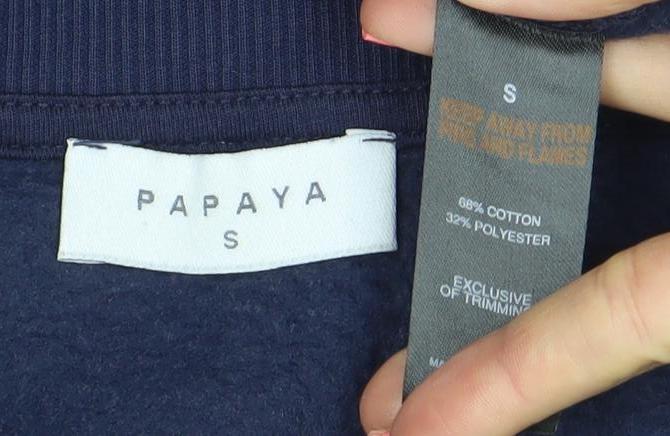 Brand and care label for Papaya Women Navy Blue Pullover Sweatshirt S Crew Neck Cotton Blend