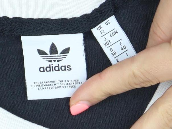 Brand and care label for Adidas Women’s Black Ringer T-Shirt, size UK 12, Cotton Casual