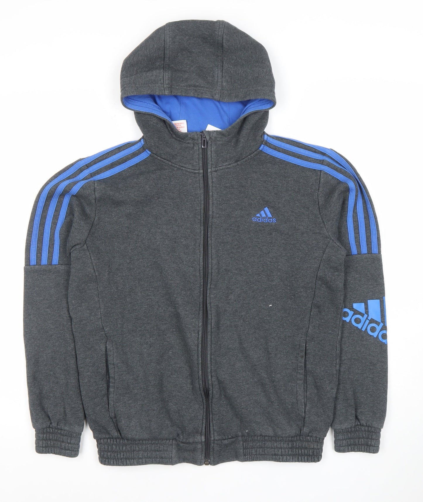 Adidas Boys Dark Grey Full Zip Hoodie 13-14 Years Cotton Blend Logo
