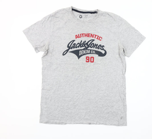 Jack & Jones Men’s Grey Graphic Crew Neck Short Sleeve T-Shirt Size L