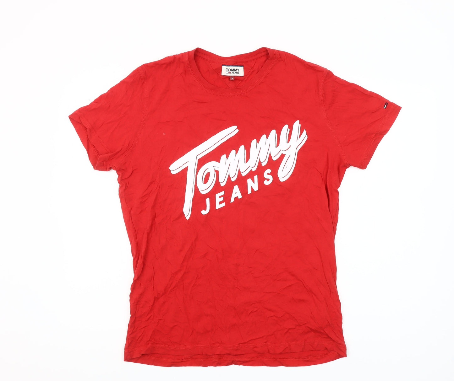 Tommy Jeans Men's Red Cotton Logo Crew Neck T-Shirt Size L