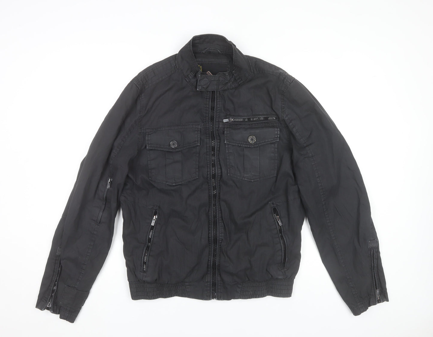 Jack & Jones Men's Black Bomber Jacket Medium Stand-Up Collar Cotton Blend