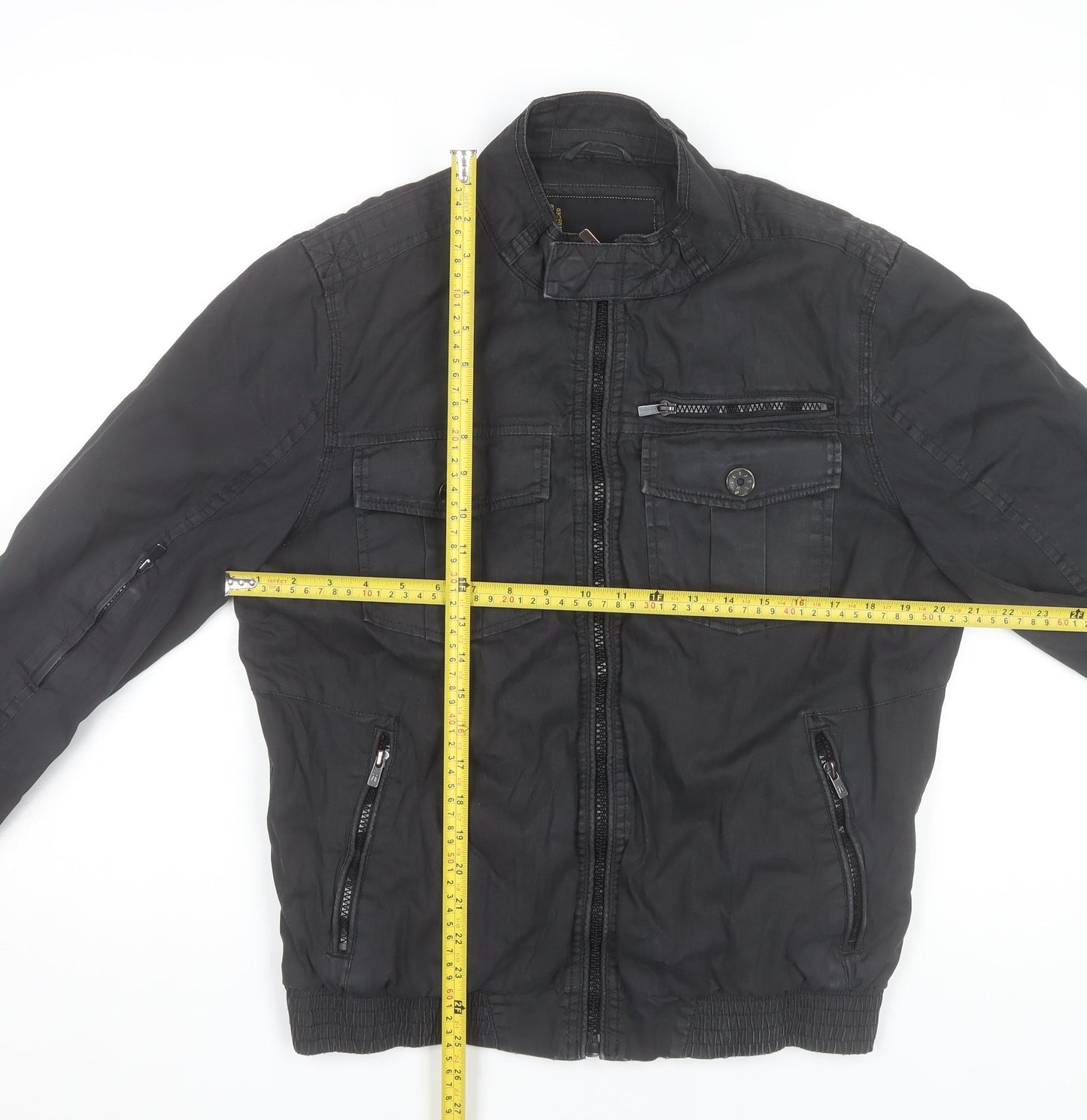 Jack & Jones Men's Black Bomber Jacket Medium Stand-Up Collar Cotton Blend