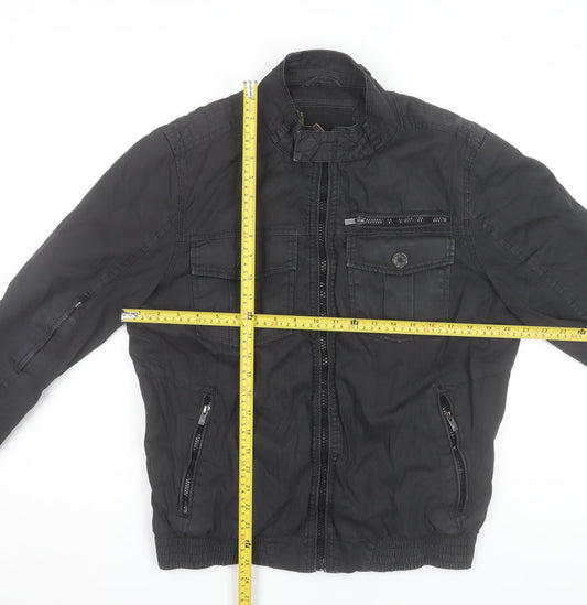 Jack & Jones Men's Black Bomber Jacket Medium Stand-Up Collar Cotton Blend