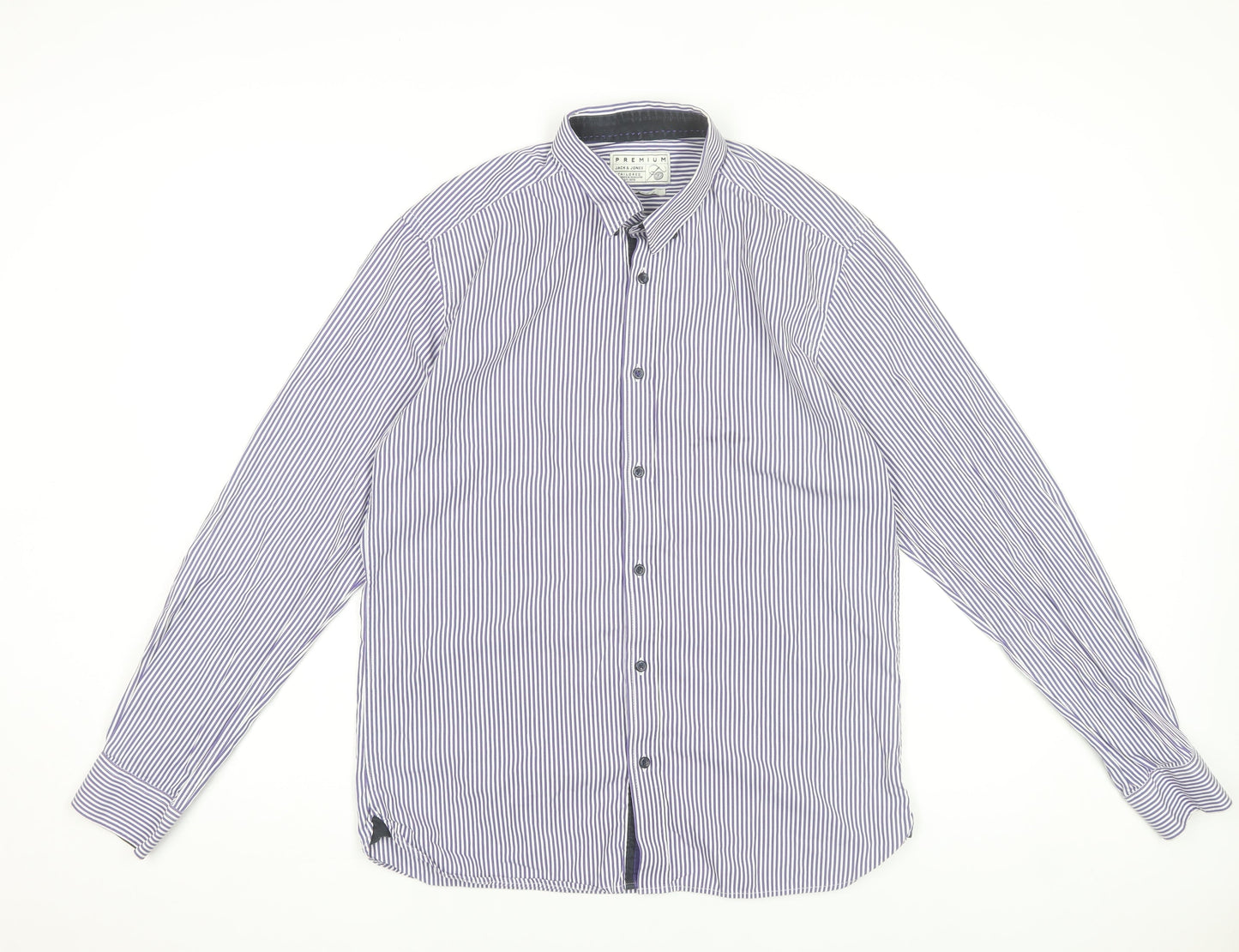 Jack & Jones Mens Blue Striped Cotton Long Sleeve Slim Dress Shirt L