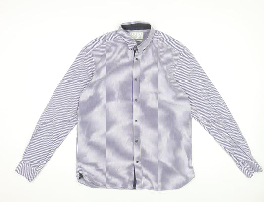 Jack & Jones Mens Blue Striped Cotton Long Sleeve Slim Dress Shirt L