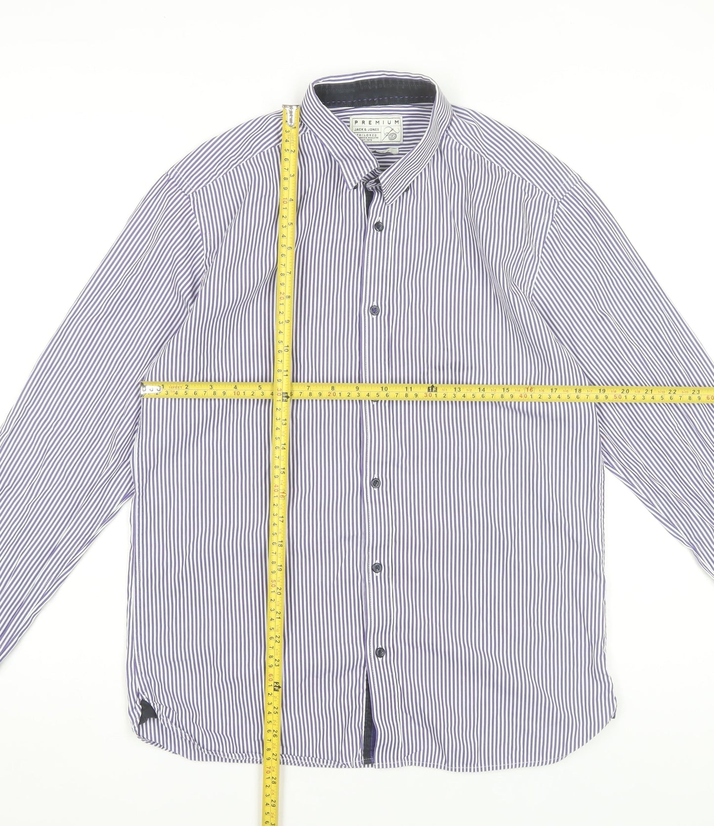 Jack & Jones Mens Blue Striped Cotton Long Sleeve Slim Dress Shirt L