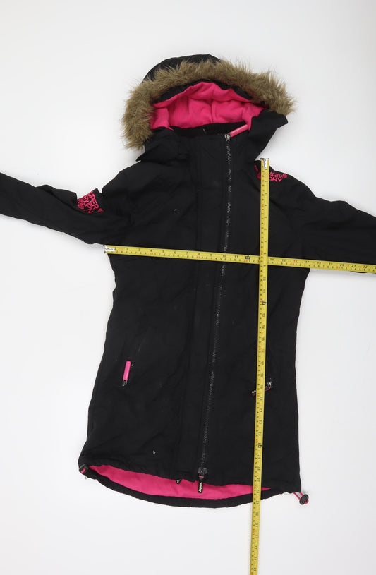 Superdry Womens Black XS Hooded Faux Fur Trim Winter Parka Jacket