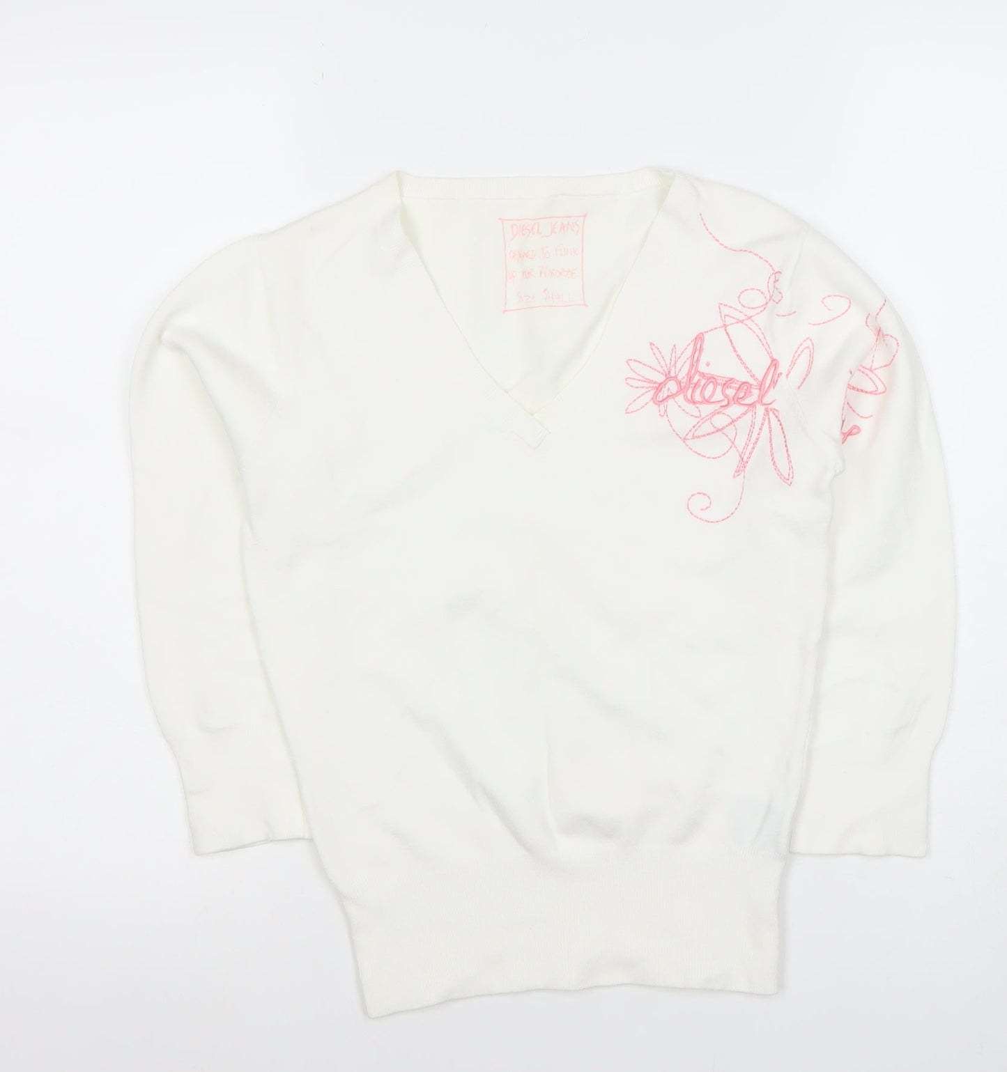 Diesel Womens White V-Neck Embroidered Pullover Jumper Size S