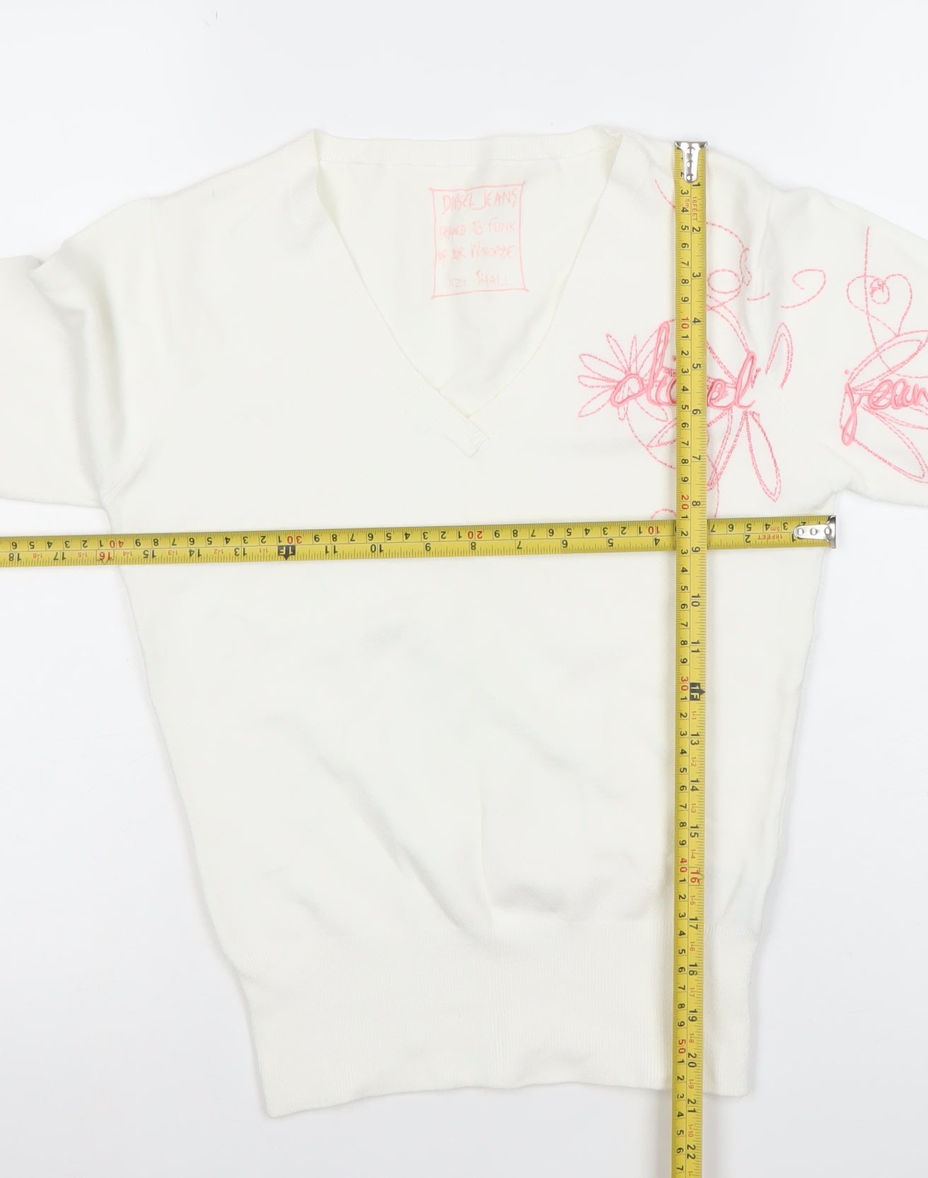 Diesel Womens White V-Neck Embroidered Pullover Jumper Size S