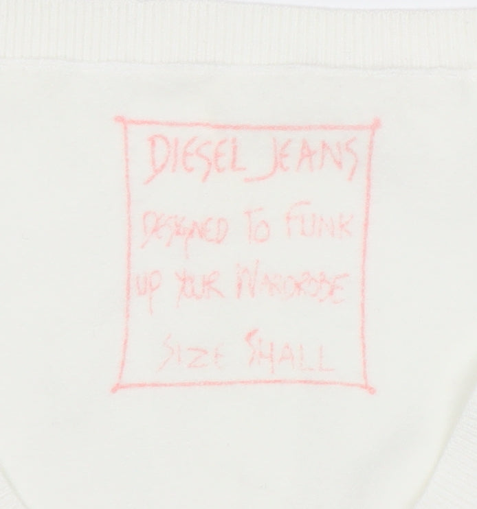 Diesel Womens White V-Neck Embroidered Pullover Jumper Size S