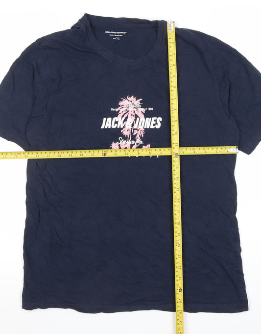 Jack & Jones Mens Blue Graphic Print Cotton T-Shirt Size L