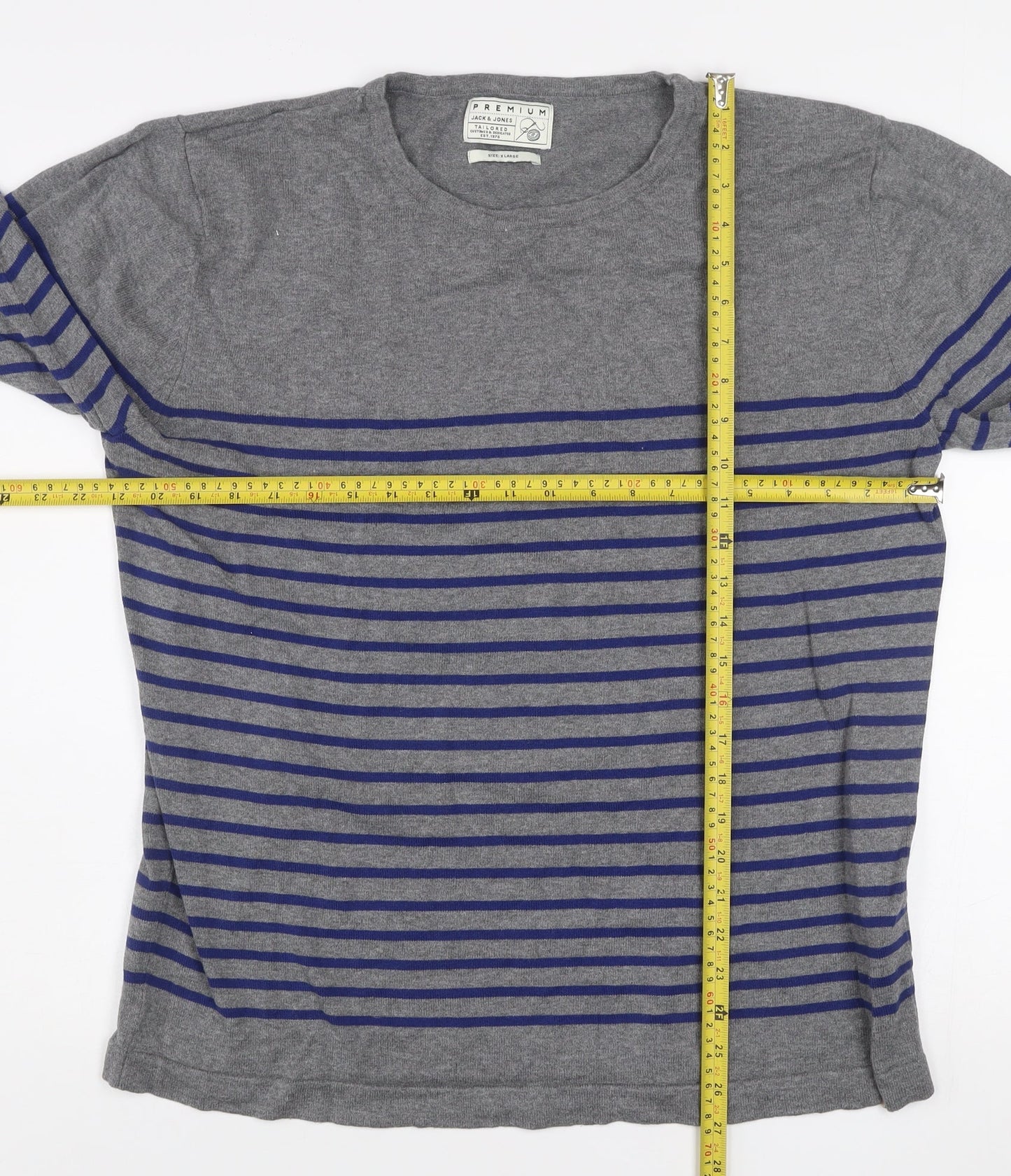 Jack & Jones Men's Grey Striped Cotton Crew Neck Jumper XL