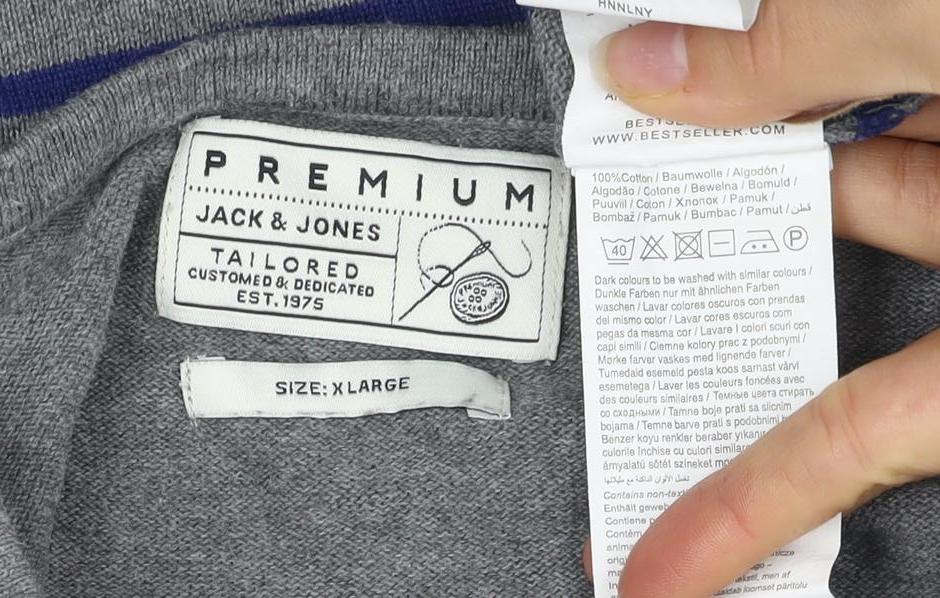 Jack & Jones Men's Grey Striped Cotton Crew Neck Jumper XL