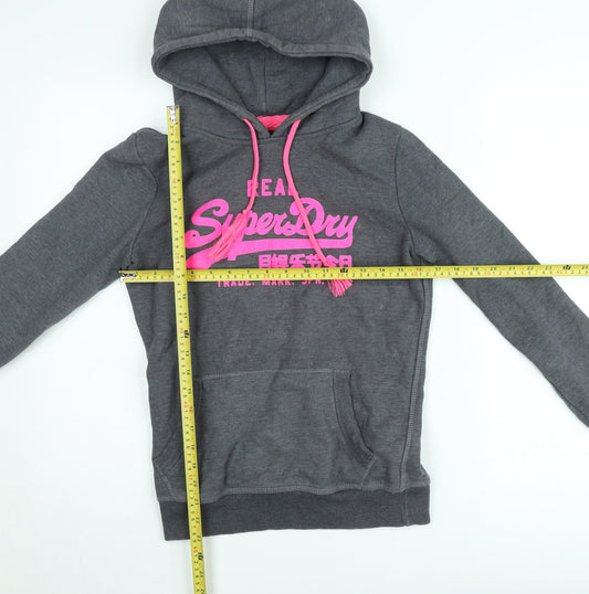 Superdry Women Grey Hoodie Small Pullover Graphic Print Fleece