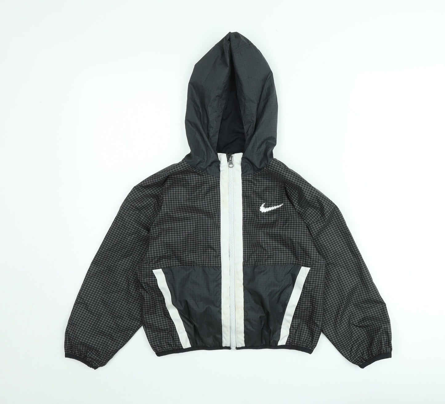 Nike Boys Black Check Windbreaker Jacket Size 8-9 Years Hooded Zip Up