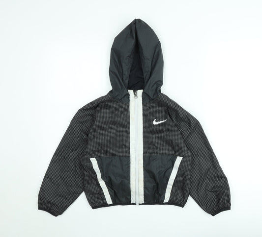 Nike Boys Black Check Windbreaker Jacket Size 8-9 Years Hooded Zip Up