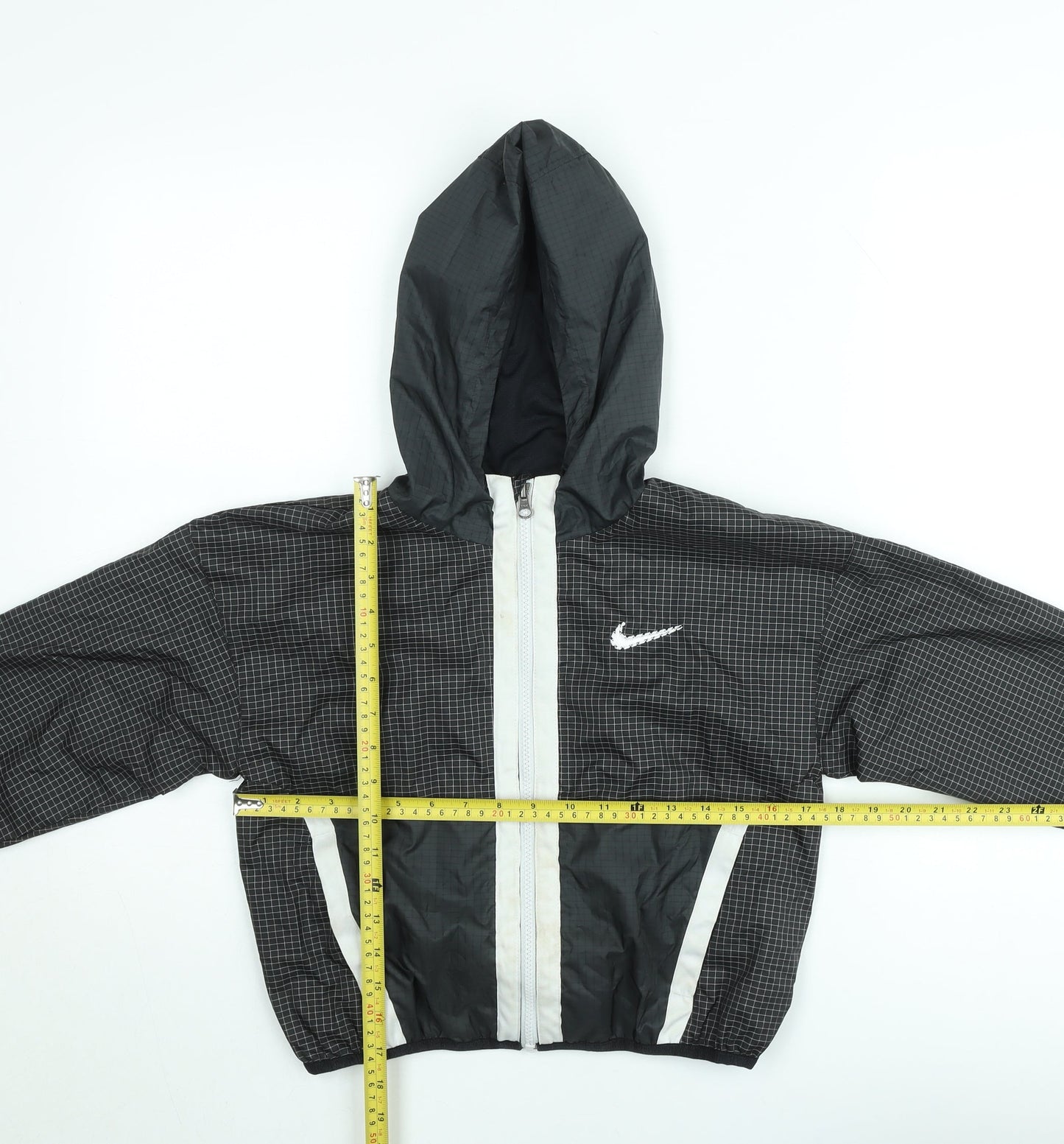 Nike Boys Black Check Windbreaker Jacket Size 8-9 Years Hooded Zip Up