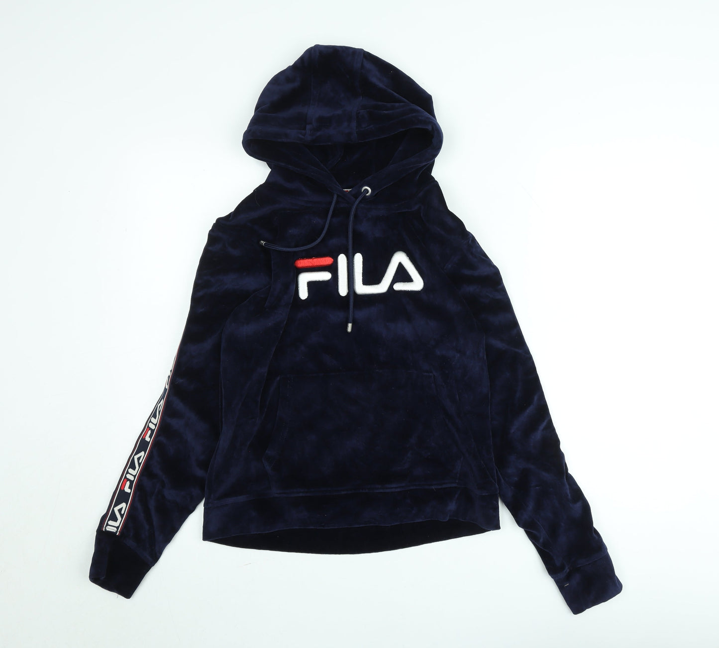 Fila Womens Navy Blue Velour Pullover Hoodie UK 10 Logo Sleeve Detail