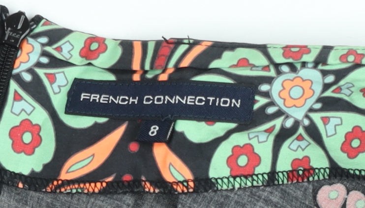 Brand and care label for French Connection Women's Black Floral A-Line Short Skirt, size 8