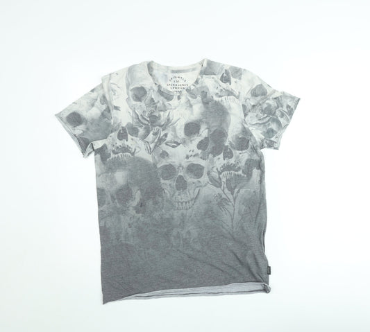 Jack & Jones Men's Grey Skull Graphic Crew Neck T-Shirt Size M