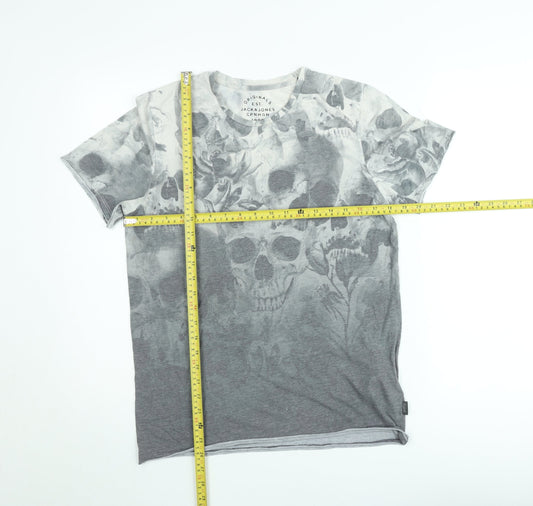 Jack & Jones Men's Grey Skull Graphic Crew Neck T-Shirt Size M
